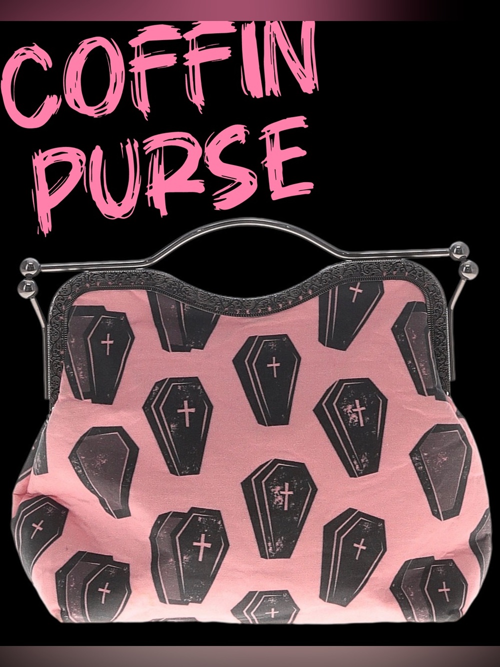 Pinup Style Coffin Print Women’s Kiss Lock Handbag - Cutie Goth